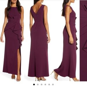 Eliza J Cascading Ruffle Gown In Wine